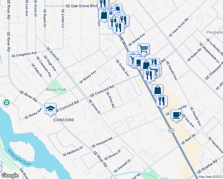 map of restaurants, bars, coffee shops, grocery stores, and more near 3110 Southeast Concord Road in Milwaukie