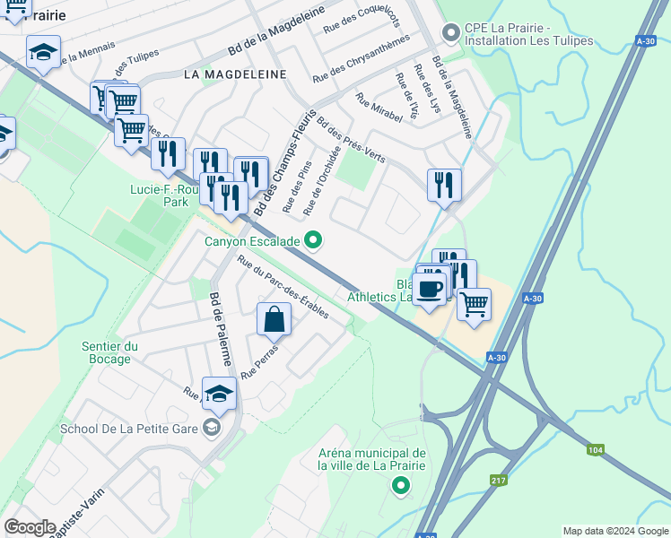 map of restaurants, bars, coffee shops, grocery stores, and more near 1855 Chemin de Saint-Jean in La Prairie