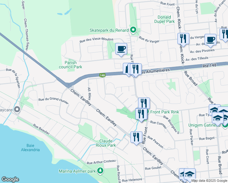 map of restaurants, bars, coffee shops, grocery stores, and more near 388 Rue de la Terrasse-Eardley in Gatineau