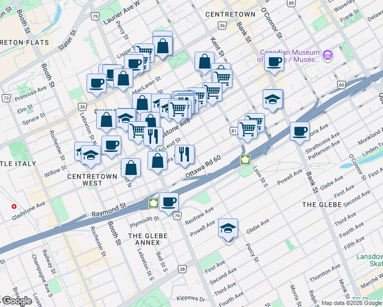 map of restaurants, bars, coffee shops, grocery stores, and more near 230 Percy Street in Ottawa