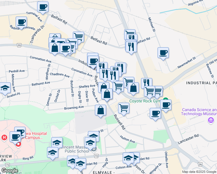 map of restaurants, bars, coffee shops, grocery stores, and more near 1665 Russell Road in Ottawa