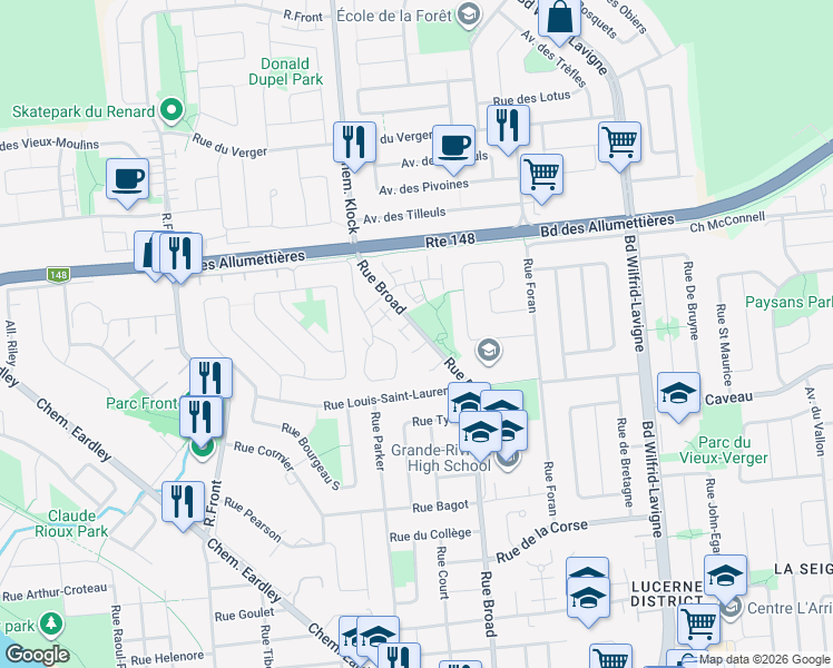 map of restaurants, bars, coffee shops, grocery stores, and more near 175 Rue Broad in Gatineau