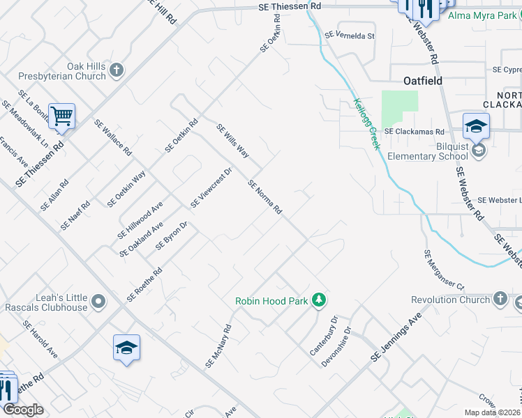 map of restaurants, bars, coffee shops, grocery stores, and more near 15884 Southeast Norma Road in Milwaukie