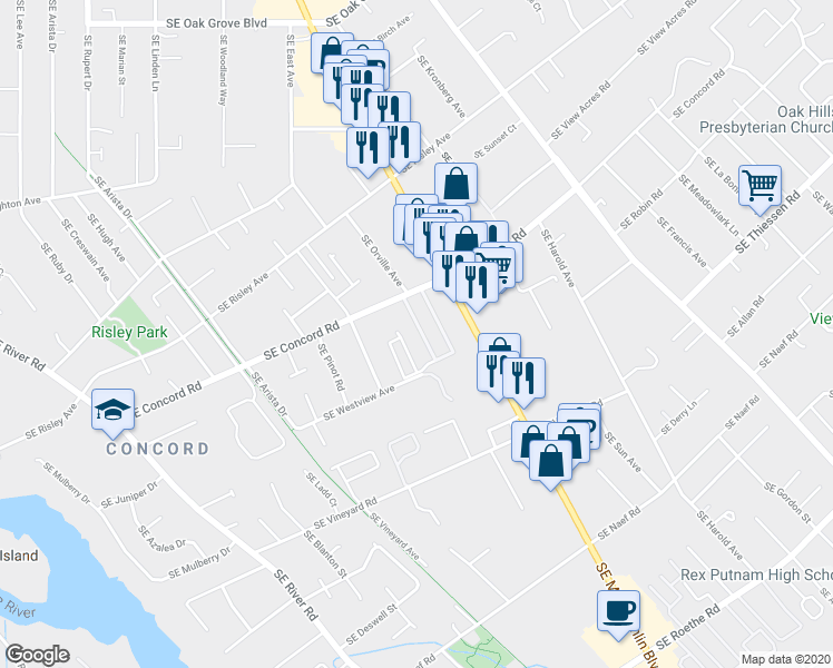 map of restaurants, bars, coffee shops, grocery stores, and more near 3314 Southeast Concord Road in Milwaukie