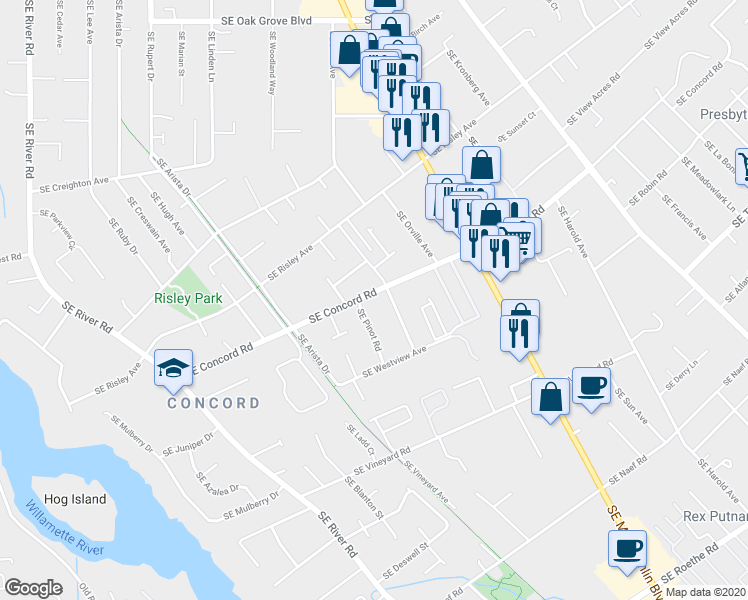 map of restaurants, bars, coffee shops, grocery stores, and more near 3111 Southeast Concord Road in Milwaukie