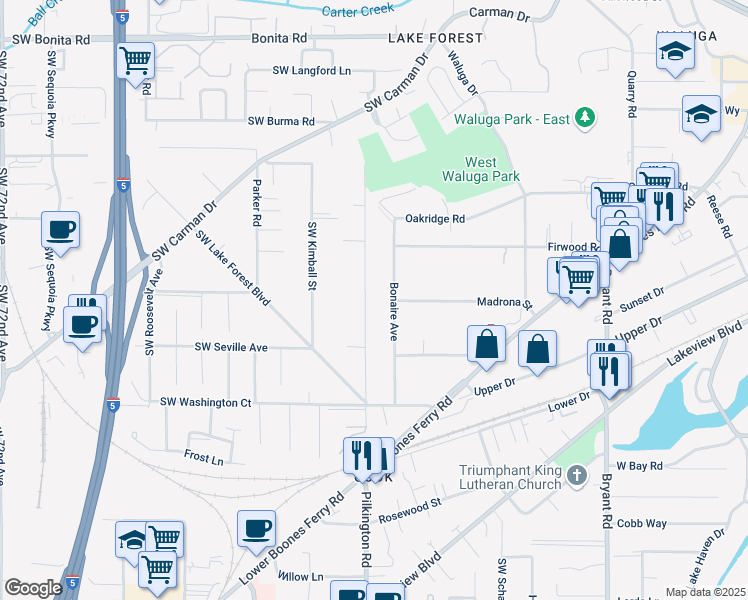 map of restaurants, bars, coffee shops, grocery stores, and more near 16310 Southwest Inverurie Road in Lake Oswego