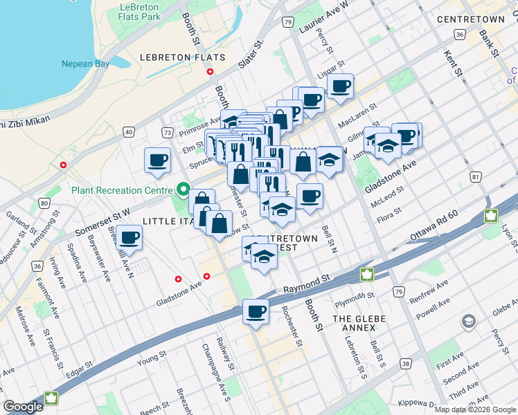 map of restaurants, bars, coffee shops, grocery stores, and more near in Ottawa