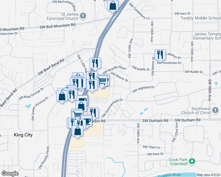 map of restaurants, bars, coffee shops, grocery stores, and more near 15565 Southwest 114th Court in Tigard