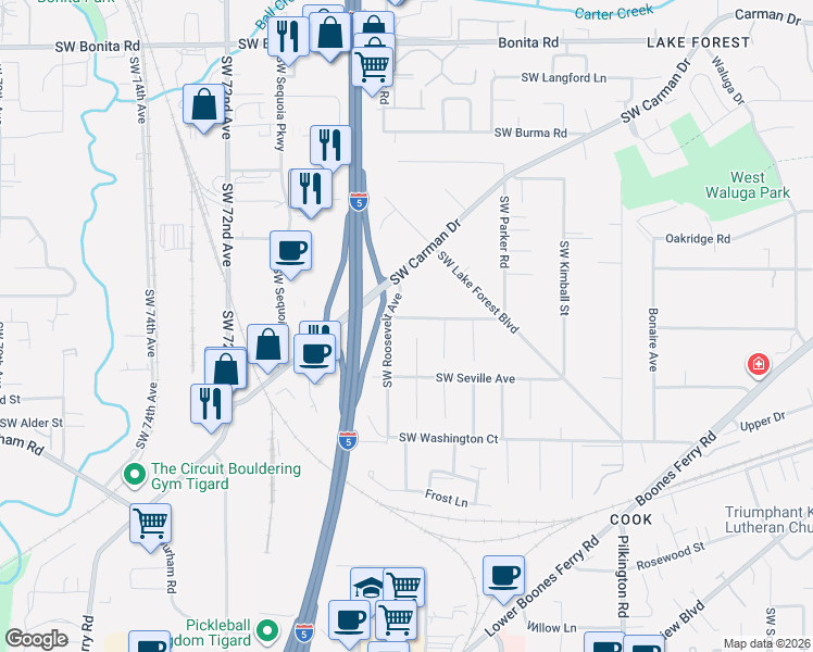 map of restaurants, bars, coffee shops, grocery stores, and more near 6286 Southwest Harrington Avenue in Lake Oswego
