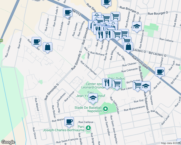 map of restaurants, bars, coffee shops, grocery stores, and more near 705 Rue Léon-Harmel in Granby