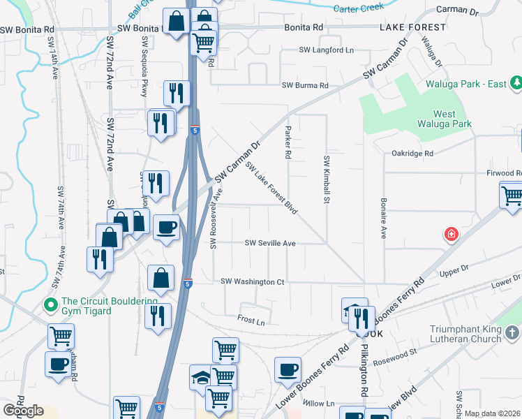map of restaurants, bars, coffee shops, grocery stores, and more near 6096 Harrington Avenue in Lake Oswego