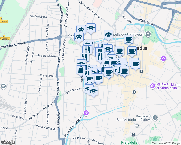 map of restaurants, bars, coffee shops, grocery stores, and more near 8 Via Girolamo Frigimelica in Padova