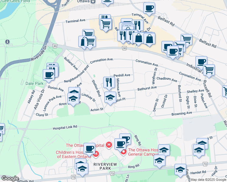 map of restaurants, bars, coffee shops, grocery stores, and more near 37 Pixley Private in Ottawa