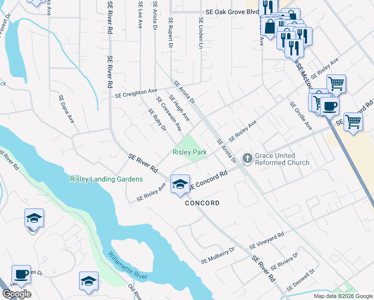 map of restaurants, bars, coffee shops, grocery stores, and more near 2350 Southeast Swain Avenue in Milwaukie