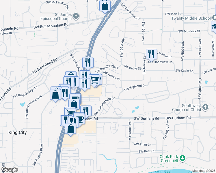map of restaurants, bars, coffee shops, grocery stores, and more near 15522 Southwest 114th Court in Tigard