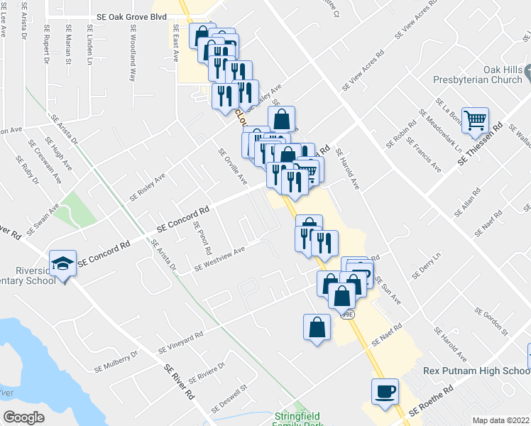 map of restaurants, bars, coffee shops, grocery stores, and more near 15855 Southeast McLoughlin Boulevard in Milwaukie