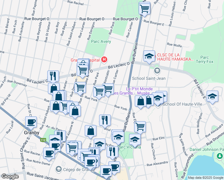 map of restaurants, bars, coffee shops, grocery stores, and more near 220 Rue Cartier in Granby