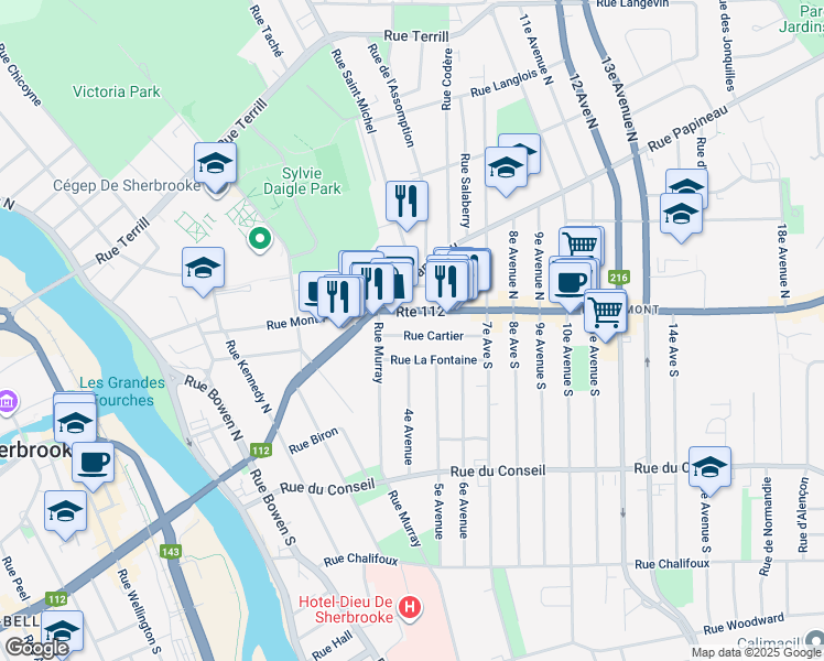 map of restaurants, bars, coffee shops, grocery stores, and more near 449 Rue Cartier in Sherbrooke