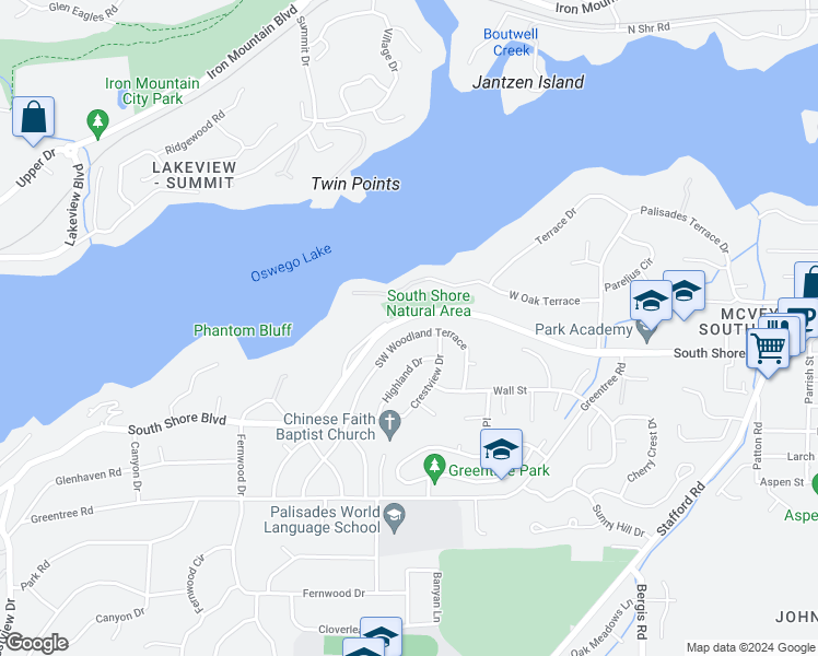 map of restaurants, bars, coffee shops, grocery stores, and more near 1581 Southwest Woodland Terrace in Lake Oswego