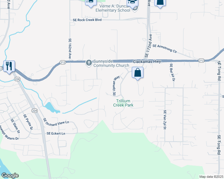 map of restaurants, bars, coffee shops, grocery stores, and more near 15883 Southeast Upman Way in Damascus