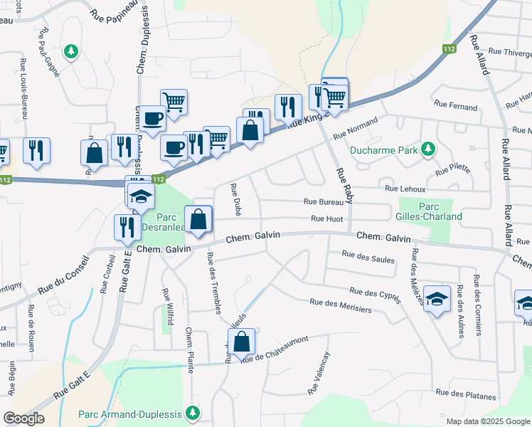 map of restaurants, bars, coffee shops, grocery stores, and more near 2033 Rue Huot in Sherbrooke