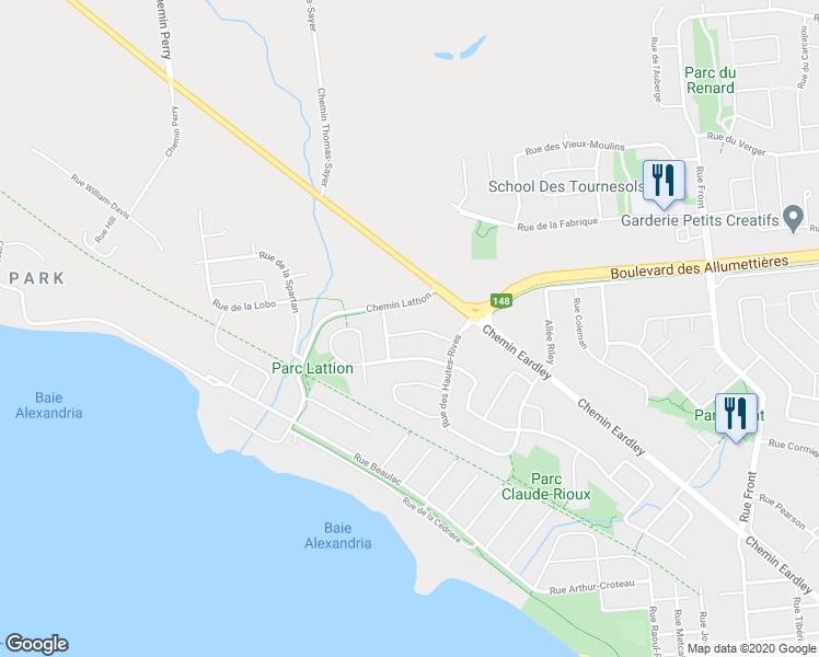 map of restaurants, bars, coffee shops, grocery stores, and more near 33 Rue du Génois in Gatineau