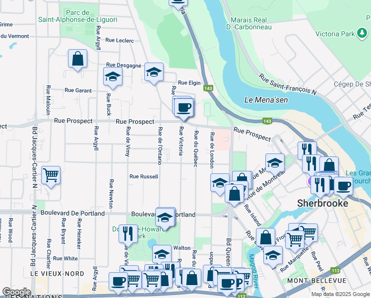 map of restaurants, bars, coffee shops, grocery stores, and more near 594 Rue Victoria in Sherbrooke