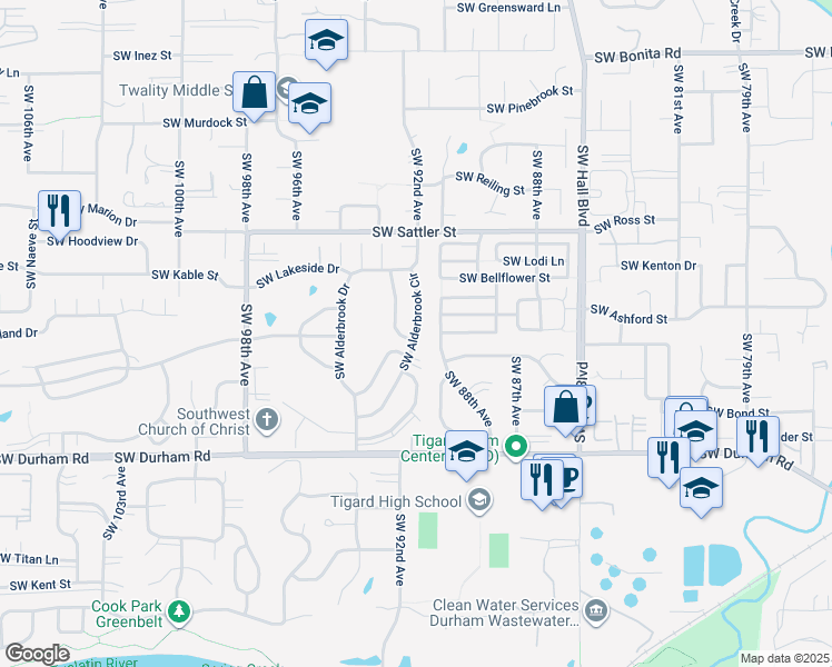 map of restaurants, bars, coffee shops, grocery stores, and more near 15560 Southwest Alderbrook Circle in Tigard