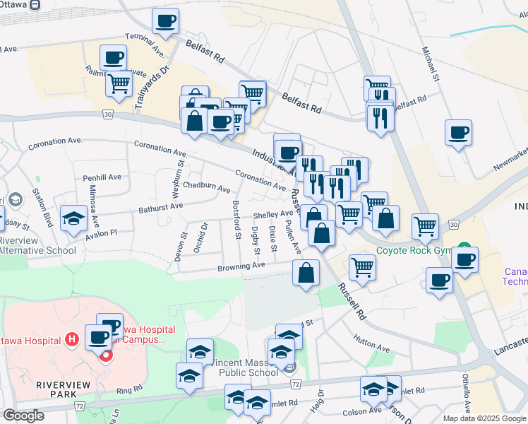 map of restaurants, bars, coffee shops, grocery stores, and more near 623 Shelley Avenue in Ottawa