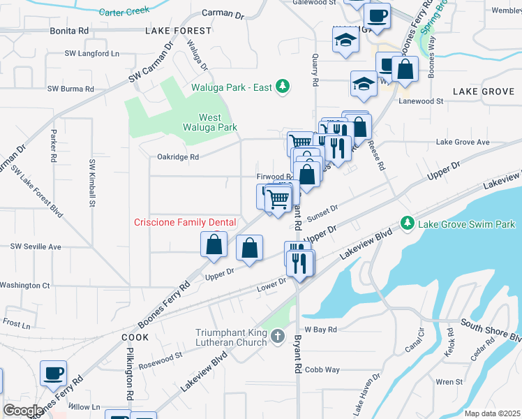 map of restaurants, bars, coffee shops, grocery stores, and more near 16455 Boones Ferry Road in Lake Oswego