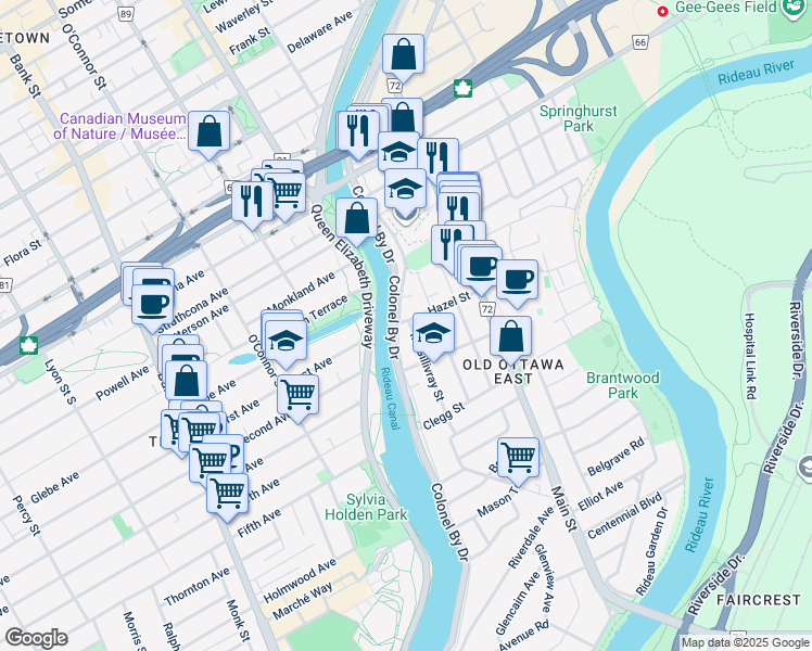 map of restaurants, bars, coffee shops, grocery stores, and more near 6 Hazel Street in Ottawa