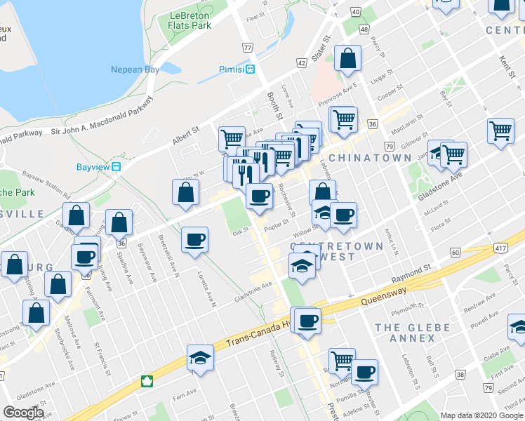 map of restaurants, bars, coffee shops, grocery stores, and more near 130 Anderson Street in Ottawa