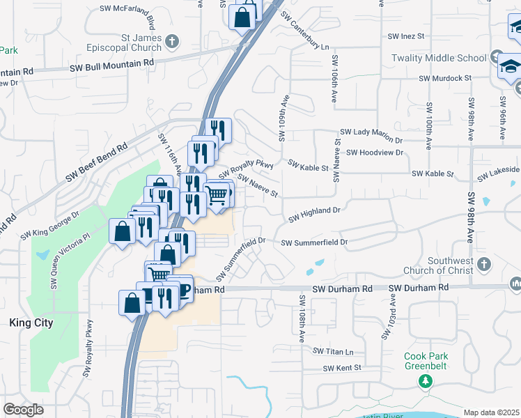 map of restaurants, bars, coffee shops, grocery stores, and more near 15518 Southwest 114th Court in Tigard