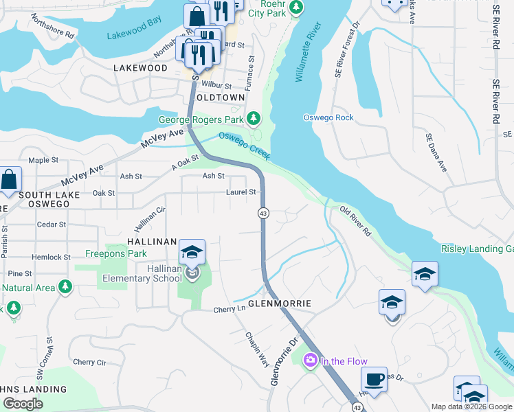 map of restaurants, bars, coffee shops, grocery stores, and more near 1025 Bullock Street in Lake Oswego