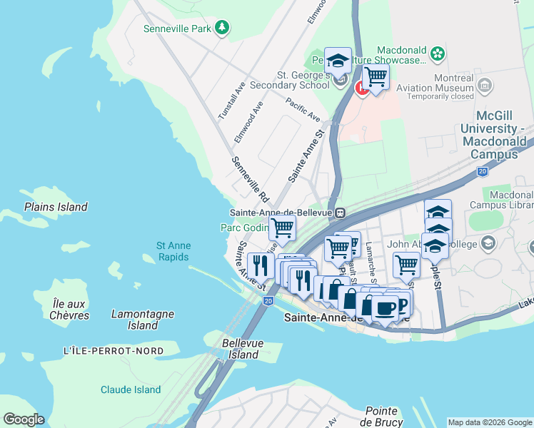 map of restaurants, bars, coffee shops, grocery stores, and more near 222 Rue Sainte-Anne in Sainte-Anne-de-Bellevue