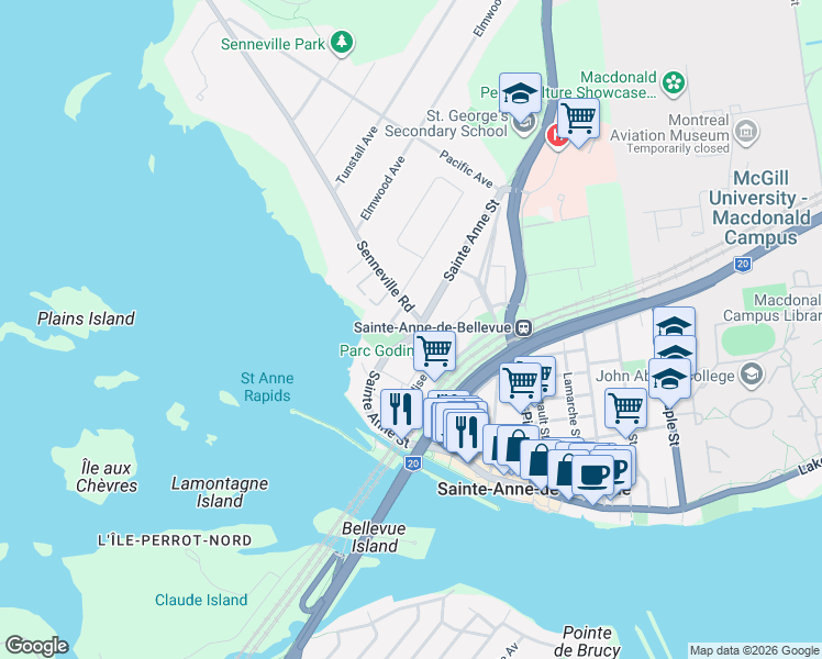 map of restaurants, bars, coffee shops, grocery stores, and more near 222 Rue Sainte-Anne in Sainte-Anne-de-Bellevue