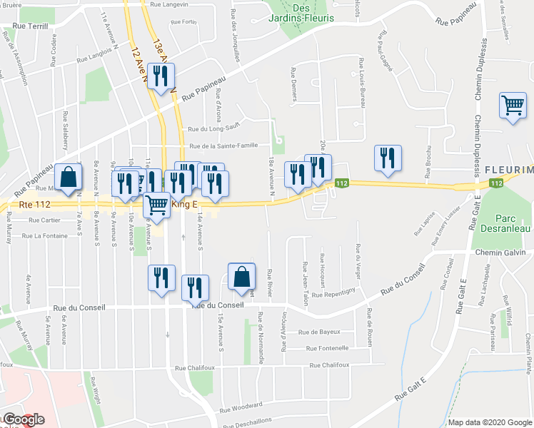 map of restaurants, bars, coffee shops, grocery stores, and more near Rue Thérèse-Lefebvre in Sherbrooke