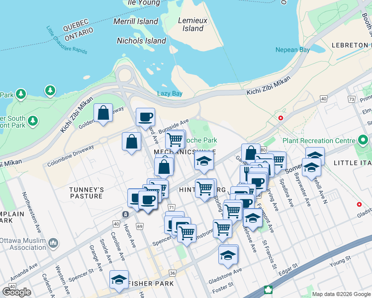 map of restaurants, bars, coffee shops, grocery stores, and more near 93 Carruthers Avenue in Ottawa