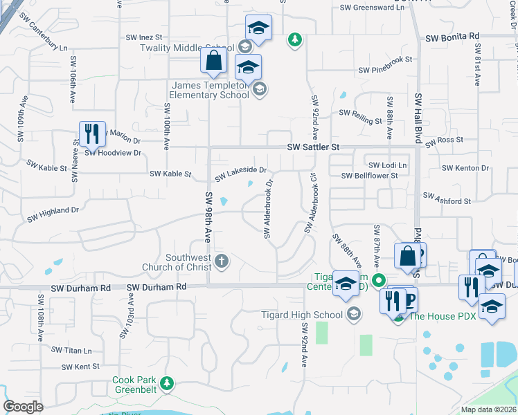 map of restaurants, bars, coffee shops, grocery stores, and more near 9445 Southwest Summerfield Drive in Tigard