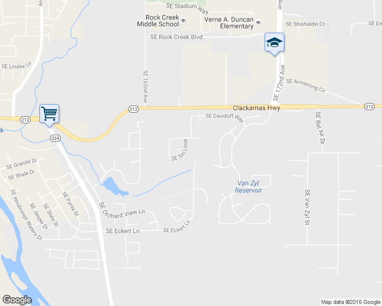 map of restaurants, bars, coffee shops, grocery stores, and more near 16490 SE Siri Loop in Damascus