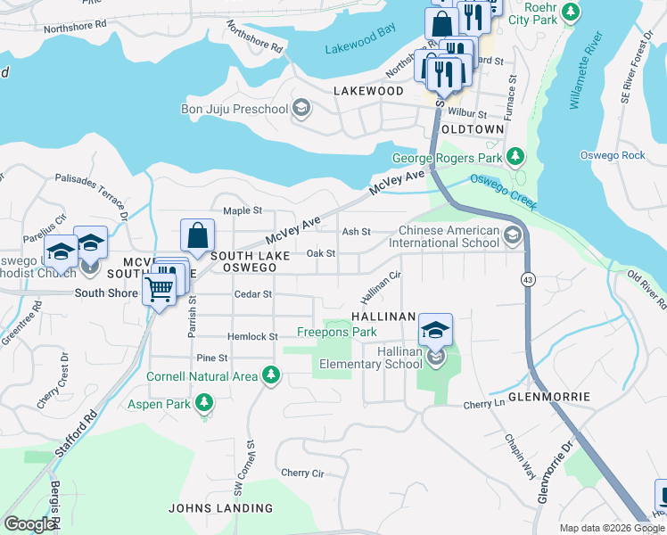 map of restaurants, bars, coffee shops, grocery stores, and more near 905 Laurel Street in Lake Oswego