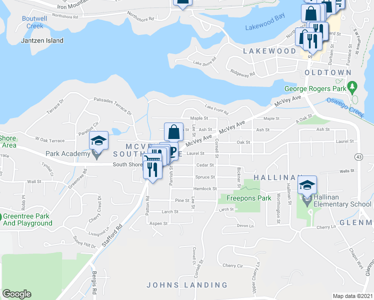 map of restaurants, bars, coffee shops, grocery stores, and more near 1409 Laurel Street in Lake Oswego