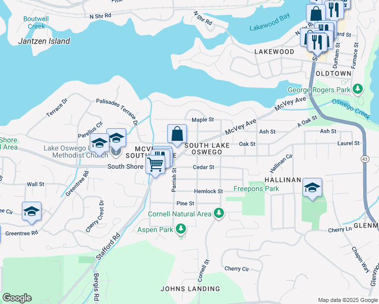 map of restaurants, bars, coffee shops, grocery stores, and more near 1409 Laurel Street in Lake Oswego