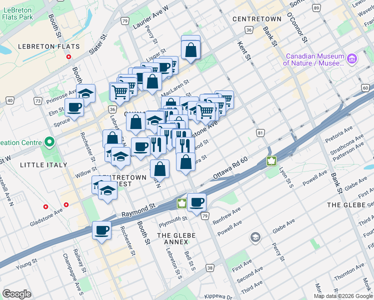 map of restaurants, bars, coffee shops, grocery stores, and more near in Ottawa
