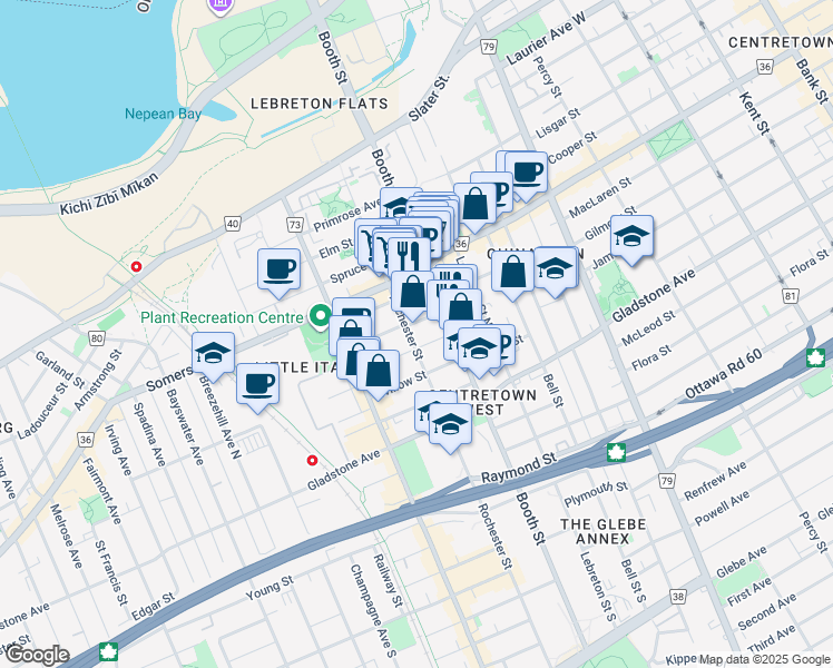 map of restaurants, bars, coffee shops, grocery stores, and more near in Ottawa