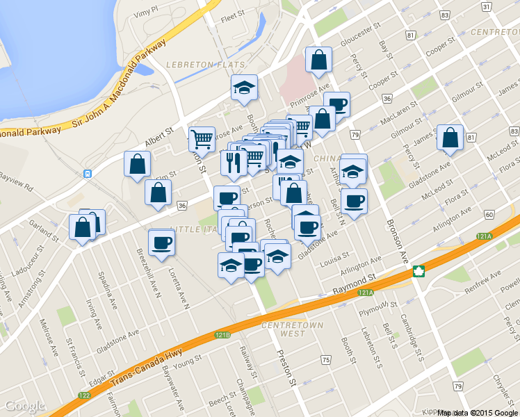 map of restaurants, bars, coffee shops, grocery stores, and more near in Ottawa