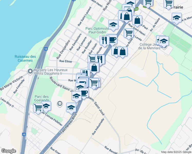 map of restaurants, bars, coffee shops, grocery stores, and more near 512 Rue Lanctôt in La Prairie