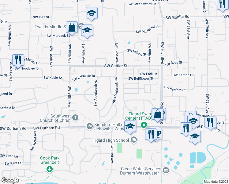 map of restaurants, bars, coffee shops, grocery stores, and more near 15535 Southwest Alderbrook Circle in Tigard