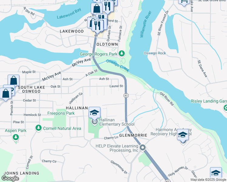map of restaurants, bars, coffee shops, grocery stores, and more near 1023 Lund Street in Lake Oswego