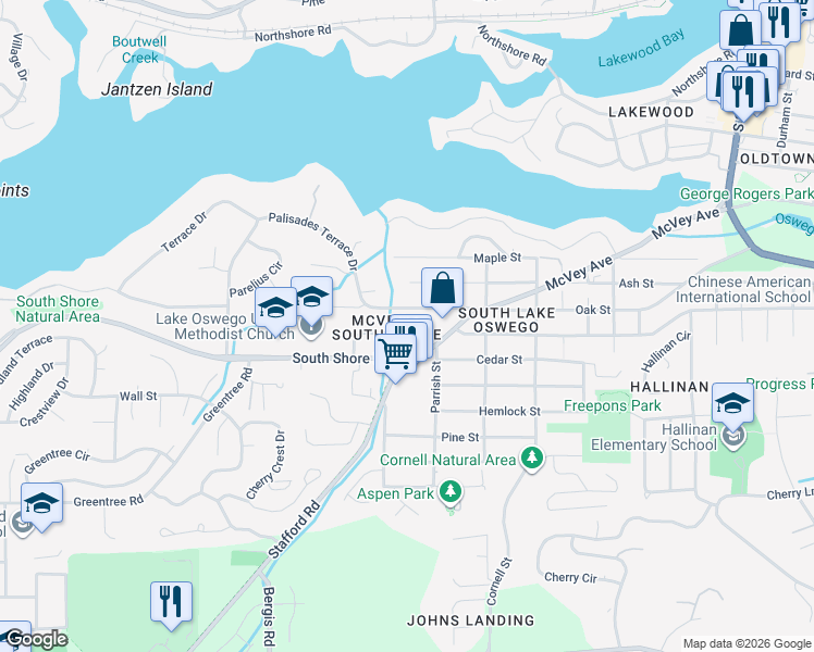 map of restaurants, bars, coffee shops, grocery stores, and more near 1677 Southwest Laurel Street in Lake Oswego